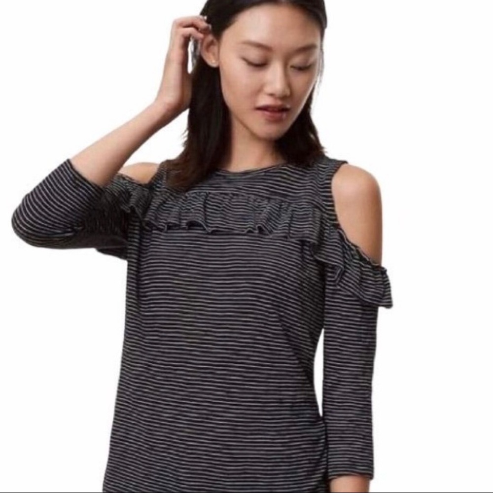 LOFT Ann Taylor Bare Cold-Shoulder Top Size XS Ruffle Striped 3/4 Length Sleeves